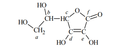 zzz 3 - W cząsteczce kwasu askorbinowego (witaminy C) występują dwa enolowe atomy węgla, czyli atomy węgla o hybrydyzacji sp2 z przyłączonymi grupami hydroksylowymi. Cząsteczka tego związku zawiera ponadto dwa asymetryczne atomy węgla – o hybrydyzacji sp3 z przyłączonymi czterema różnymi podstawnikami. Poniżej przedstawiono wzór witaminy C, w którym małymi literami oznaczono poszczególne atomy węgla.