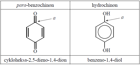 Image 33 - Poniżej przedstawiono uproszczony wzór para-benzochinonu – jednego z chinonów – oraz produktu jego redukcji, czyli hydrochinonu. Pod wzorami tych związków podano ich nazwy systematyczne.