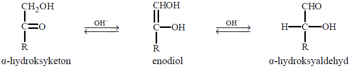 image 38 - Ketony, których cząsteczki zawierają grupę hydroksylową –OH przy atomie węgla połączonym z atomem węgla grupy karbonylowej (α-hydroksyketony), w wodnym roztworze o odczynie zasadowym ulegają izomeryzacji. Tę przemianę ilustruje poniższy schemat.
