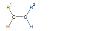 zad 26 - Częściowa redukcja wiązania potrójnego w cząsteczkach alkinów jest reakcją regioselektywną, co oznacza, że w jej wyniku otrzymuje się nadmiar jednego z izomerów strukturalnych. W przypadku użycia w takiej reakcji stałego katalizatora, np.: palladu osadzonego na graficie lub siarczanie(VI) baru uzyskuje się prawie wyłącznie alkeny o następującym schemacie budowy cząsteczki: