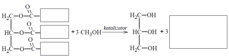 Image 42 3 - Paliwa do silników wysokoprężnych wytwarzane z ropy naftowej można zastąpić biopaliwami, które otrzymuje się, ogrzewając w obecności katalizatora oleje roślinne z dużą ilością alkoholu. Produktami tej reakcji są glicerol oraz ester kwasu tłuszczowego i użytego alkoholu. Proces ten można zilustrować ogólnym równaniem, w którym R1 i R2 oznaczają grupy węglowodorowe:
