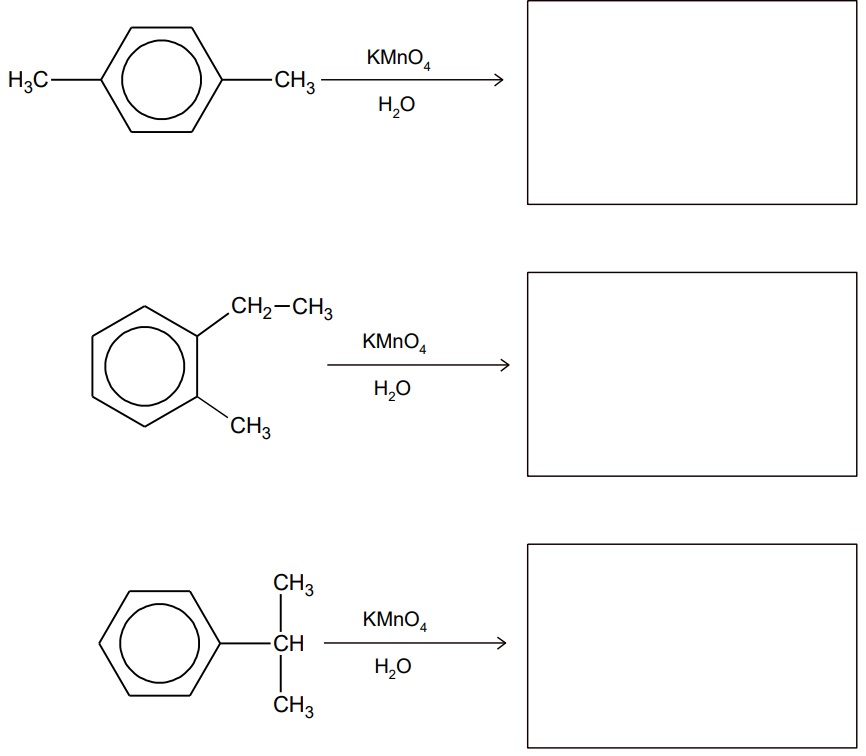 28 - Benzen wykazuje całkowitą odporność na działanie wodnego roztworu KMnO4, ale grupy alkilowe przy pierścieniu benzenowym są podatne na utlenianie. Każda grupa alkilowa ulega utlenieniu aż do momentu, gdy powstanie z niej grupa karboksylowa związana bezpośrednio z pierścieniem aromatycznym.